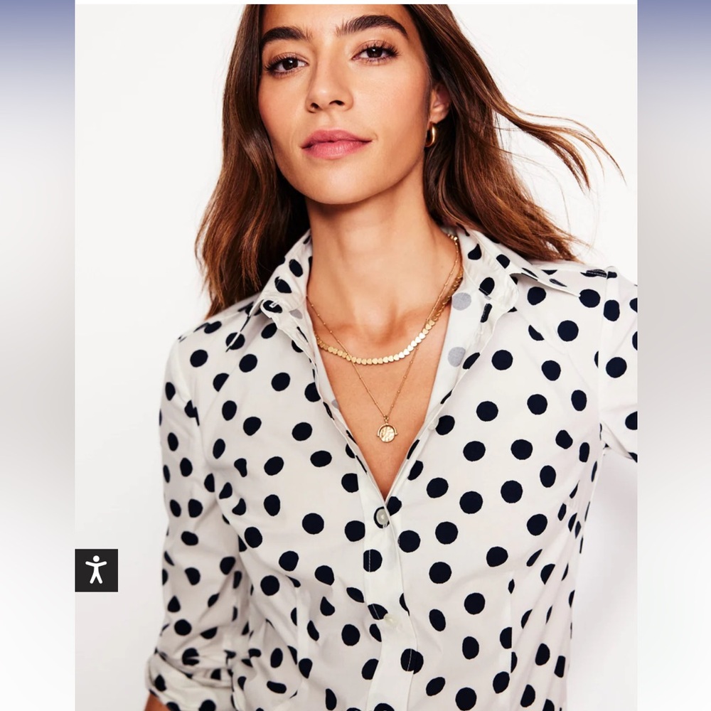 EUC Boden Saskia Stretch Cotton Shirt-Ivory and Navy, Abstract Dot